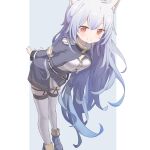  1girl animal_ears arm_behind_back blue_background cat_ears double-parted_bangs henzer high_collar highres long_hair military_uniform original red_eyes solo thighhighs uniform white_thighhighs 