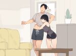  1boy 1girl black_hair black_shorts breasts couch faceless faceless_male father_and_daughter grey_shirt hand_under_clothes hand_under_shorts hetero highres incest indoors large_breasts original pepper0 photo_(object) plant shirt shorts standing t-shirt table 