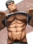  1boy bara bare_pectorals beard_stubble black_hair clothes_lift from_below grin groin highres hl_(hueru_plus) huge_eyebrows large_pectorals lifted_by_self looking_at_viewer lucas_lee male_focus male_pubic_hair male_underwear male_underwear_pull muscular muscular_male pectorals presenting_pectorals pubic_hair pubic_hair_peek scott_pilgrim_takes_off seductive_smile shirt shirt_lift short_hair short_sleeves smile solo steam t-shirt tight_clothes tight_shirt underwear white_male_underwear 