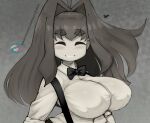  1girl absurdres alternate_breast_size black_bow black_bowtie blush bow bowtie closed_eyes collared_shirt covered_nipples facing_viewer greyscale heart highres monochrome neo_hajime no_nose parted_lips real_life shadow shirt smile solo suspenders sweetest_music takeuchi_mariya upper_body web_address white_shirt 