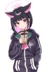  1girl animal_ears black_hair blue_archive blush bubble_tea cat_ears cat_girl choker colored_inner_hair cup disposable_cup drink drinking_straw hair_ornament hairclip halo hand_in_pocket head_tilt highres holding holding_cup holding_drink hood hoodie kazusa_(blue_archive) long_sleeves looking_at_viewer multicolored_hair pink_hair raimu_(clanberry000) red_eyes sailor_collar short_hair smile solo two-tone_hair upper_body 