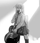  1girl bocchi_the_rock! chair cube_hair_ornament gotou_hitori greyscale guitar hair_ornament instrument jacket kneehighs long_hair monochrome one_side_up pleated_skirt sitting skirt socks solo tenten_(chan4545) track_jacket 