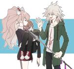  1girl 2boys :d black_jacket black_pants black_shirt blonde_hair carrying cheeseko closed_eyes closed_mouth collarbone cosplay cowboy_shot danganronpa:_trigger_happy_havoc danganronpa_(series) danganronpa_2:_goodbye_despair enoshima_junko enoshima_junko_(cosplay) green_background green_hoodie green_jacket grey_hair hair_ornament holding holding_polearm holding_weapon hood hood_down hoodie ikusaba_mukuro jacket komaeda_nagito long_hair medium_hair messy_hair miniskirt multiple_boys necktie open_clothes open_jacket pants pleated_skirt polearm princess_carry print_shirt rabbit_hair_ornament red_footwear red_skirt shirt shoes skirt smile standing sweat teeth twintails upper_teeth_only weapon white_background white_shirt 