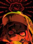  1girl artist_name bellhenge black_background blunt_bangs character_request check_character clenched_teeth commentary dirty earpiece english_commentary frown hard_hat headlamp helmet inkling inkling_girl orange_eyes orange_hair parted_lips pink_lips salmon_run_(splatoon) shirt short_hair solo splatoon_(series) splatoon_3 teeth tentacle_hair turtleneck upper_body yellow_headwear yellow_shirt 