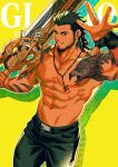  1boy abs arm_tattoo bara belt black_belt black_hair black_pants character_name facial_hair final_fantasy final_fantasy_xv gladiolus_amicitia highres holding holding_sword holding_weapon jewelry large_pectorals looking_at_viewer male_focus muscular muscular_male navel necklace nipples pants pectorals scar scar_across_eye scar_on_face short_hair smile solo sword tattoo weapon xelgot 