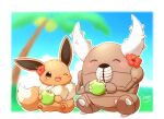  animal_focus blush_stickers brown_eyes brown_fur claws closed_eyes coconut coconut_cup cup drinking_straw eevee flower hibiscus highres holding holding_cup horns mimix no_humans one_eye_closed open_mouth outdoors palm_tree pawpads pinsir pokemon pokemon_(creature) signature sitting tree white_background 