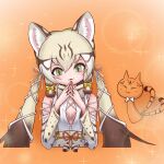  1girl absurdres animal_ears bow bowtie cat cat_ears cat_girl equalarrow extra_ears geoffroy&#039;s_cat_(kemono_friends) green_eyes highres kemono_friends kemono_friends_v_project long_hair looking_at_viewer orange_background ribbon shirt simple_background skirt twintails upper_body virtual_youtuber 