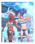  2girls akari_(raigou) bikini black_hair blurry blurry_background borrowed_character closed_eyes dark-skinned_female dark_skin facial_tattoo flat_chest full-body_tattoo hair_bun highres innertube irezumi-san_(ozka) layered_bikini multiple_girls original ozka pointy_ears ribs swimsuit tan tanlines tattoo water_slide wet white_hair yellow_eyes 