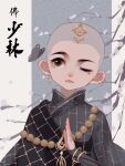  1boy ;&lt; bald bead_necklace beads branch buddhism calligraphy chinese_text earrings flower grey_background grey_butterfly hand_up head_tilt highres jewelry jianxia_qingyuan_(series) jianxia_qingyuan_online_3 kesa looking_to_the_side male_child mole mole_under_eye monk necklace one_eye_closed shaolin_monk two-tone_background white_background white_flower yi_er_san 