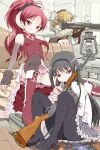  3girls akemi_homura ammunition_box bare_shoulders beret black_hair black_pantyhose black_thighhighs blonde_hair blush drill_hair eyelashes fingerless_gloves gloves gun hair_ornament hairband hat high_heels highres holding holding_gun holding_weapon lantern long_hair magical_girl mahou_shoujo_madoka_magica multiple_girls panties pantyhose ponytail purple_eyes red_eyes red_footwear red_hair rifle sakura_kyouko sitting skirt smile soul_gem spread_legs thighhighs tomoe_mami toshi_(little-fluffy-cloud) underwear weapon white_panties yellow_eyes 