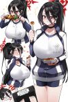  !? 1girl black_hair black_wings blue_archive blue_jacket blue_shorts blush breasts choker closed_mouth collarbone eating feathered_wings food hair_between_eyes halo hasumi_(blue_archive) hasumi_(track)_(blue_archive) high_ponytail highres huge_breasts jacket kebab long_hair long_sleeves looking_at_viewer low_wings mole mole_under_eye monkey_jon multiple_views open_mouth red_eyes shirt short_shorts shorts skewer smile sparkle sparkling_eyes takoyaki tearing_up very_long_hair weighing_scale white_shirt wings 