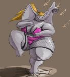  2007 anthro big_breasts blonde_hair breasts cleavage clothed clothing cracked_ground elephant elephantid female fishnet fishnet_clothing fishnet_legwear fishnet_topwear grey_body hair huge_breasts huge_thighs jumba_elephant kazecat legwear mammal mostly_nude obese obese_anthro obese_female on_one_leg overweight overweight_anthro overweight_female ponytail proboscidean proboscis_(anatomy) simple_background skimpy solo standing thick_thighs topwear trunk_(anatomy) 