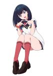  1girl black_hair black_skirt blue_eyes blush bow bowtie breasts gridman_universe gridman_universe_(film) heart heart_hands hitomaru_(uqwqu_10) long_hair looking_at_viewer red_bow school_uniform scrunchie shirt simple_background sitting skirt solo takarada_rikka thighs wrist_scrunchie 