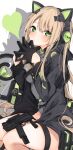  1girl 7:08 animal_ear_headphones animal_ears black_gloves black_jacket blonde_hair blush cat_ear_headphones fake_animal_ears girls&#039;_frontline gloves green_eyes grey_leotard gun headphones heart highres jacket leotard long_hair looking_at_viewer sitting solo steepled_fingers steyr_tmp submachine_gun tmp_(girls&#039;_frontline) weapon 