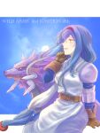  1girl anastasia_valeria armor armored_dress belt blue_hair breasts cloud copyright_name dress full_moon gloves hair_ornament hairband long_hair low-tied_long_hair luceid_(wild_arms) mole moon papico0154 red_hairband smile twintails very_long_hair wild_arms wild_arms_2 