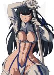  1girl abs black_hair blue_eyes breasts devil_may_cry_(series) drawing_sword english_commentary highres holding holding_sword holding_weapon junketsu katana kill_la_kill kiryuuin_satsuki large_breasts light_frown long_hair looking_at_viewer muscular muscular_female simple_background solo sword thick_eyebrows weapon white_background yoracrab 