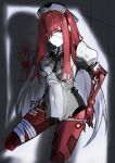  1girl absurdres amputee blood blood_on_face blood_on_wall eyepatch hair_between_eyes highres long_hair mechanical_arms mechanical_legs medical_eyepatch one_eye_covered punishing:_gray_raven red_eyes sidelocks vera_(punishing:_gray_raven) 