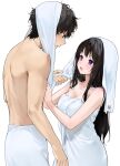  1boy 1girl after_bathing black_hair blush breasts chitanda_eru cleavage collarbone drying drying_hair facing_another hetero highres holding holding_towel hyouka large_breasts long_hair mery_(yangmalgage) naked_towel oreki_houtarou purple_eyes short_hair simple_background smile straight_hair towel towel_around_waist towel_on_head very_long_hair white_background 