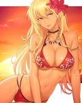  1girl absurdres alternate_costume bikini blonde_hair breasts cleavage dark-skinned_female dark_skin earrings english_commentary feathers fire_emblem fire_emblem:_the_binding_blade flower gold_necklace hair_flower hair_ornament highres hoop_earrings igrene_(fire_emblem) jewelry large_breasts long_hair looking_at_viewer mole mole_under_eye necklace red_bikini solo sunset swimsuit truejekart yellow_eyes 