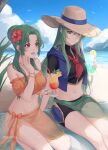  2girls :d bare_shoulders beach bikini black_shirt black_shorts blue_sky breasts cloud commentary commission crop_top cup day drinking_glass drinking_straw elincia_ridell_crimea feet_out_of_frame fire_emblem fire_emblem:_radiant_dawn fire_emblem_heroes flower food fruit green_hair grey_eyes hair_bun hair_flower hair_ornament hand_up hat hibiscus highres holding holding_cup lemon lemon_slice long_hair medium_breasts midriff moja_(rainpoow) multiple_girls navel neckerchief nephenee_(fire_emblem) ocean off-shoulder_bikini off_shoulder open_mouth orange_bikini puffy_short_sleeves puffy_sleeves red_flower red_neckerchief sarong second-party_source seiza shirt short_shorts short_sleeves shorts sitting sky smile stomach sun_hat swimsuit thighs water 