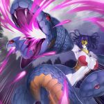  1girl armpits bare_shoulders blue_hair breasts cleavage colored_skin commentary_request duel_monster fangs firing forehead_jewel hair_intakes highres jewelry k.nock lamia large_breasts long_hair long_tail monster_girl navel necklace no_mouth no_pupils outstretched_arms pale_skin parted_bangs red_eyes scales signature slit_pupils snake snake_hair solo tail usekh_collar vennominaga_the_deity_of_poisonous_snakes yu-gi-oh! 