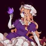  1girl black_background blonde_hair bow bug butterfly dress frilled_hat frilled_shirt_collar frilled_sleeves frills hair_bow hat hat_ribbon highres holding long_hair looking_away looking_to_the_side mob_cap purple_dress purple_eyes red_bow red_ribbon ribbon shindiyue short_sleeves solo touhou yakumo_yukari 