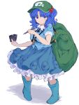  100th_black_market 1girl ability_card_(touhou) absurdres backpack bag blue_eyes blue_footwear blue_hair blush_stickers boots breasts full_body green_headwear hair_bobbles hair_ornament hat highres holding kawashiro_nitori key light_smile looking_at_viewer medium_breasts medium_hair mugi_(mugimugi_9kv) parted_bangs pigeon-toed pocket rubber_boots simple_background skirt touhou two_side_up white_background 