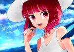  arima_kana blue_sky commentary_request dress happy hat hat_ribbon highres ocean open_mouth oshi_no_ko red_eyes red_hair ribbon short_hair sky smile solo white_dress white_headwear yurigera_8959 