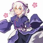  1girl cherry_blossoms double-parted_bangs eiyuu_densetsu hair_between_eyes hajimari_no_kiseki heterochromia highres japanese_clothes lapis_rosenberg llmtmllmt looking_at_viewer open_mouth short_hair simple_background solo white_background white_hair 