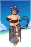  1girl absurdres animal_ear_fluff animal_ears anklet bandaid bandaid_on_face bandaid_on_knee bandaid_on_leg bandeau beach bell belly bikini black_bandeau black_bikini blue_hair blush breast_suppress cat_cutout cat_ears cat_girl cat_tail choker clothing_cutout collarbone commission dark-skinned_female dark_skin ears_through_headwear fang highres ichika_(ichika_manga) jewelry jingle_bell mole mole_under_eye multiple_tails navel neck_bell no_nose open_mouth original plump sarong short_hair shortstack skeb_commission slit_pupils smile solo sweat swimsuit tail thick_thighs thigh_strap thighs wide_hips yellow_eyes 