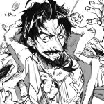  1boy ahoge beard black_hair coin edward_teach_(fate) facial_hair fate_(series) gauntlets greyscale grin hands_up jacket jewelry looking_at_viewer male_focus monochrome ring sasami_(ki) short_hair simple_background smile solo upper_body white_background 