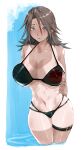  1girl blue_eyes breasts brown_hair cleavage closed_mouth final_fantasy final_fantasy_viii genderswap genderswap_(mtf) highres huge_breasts kingdom_hearts long_hair looking_at_viewer navel scar scar_on_face scar_on_forehead solo soo_(sr00a2ht) squall_leonhart swimsuit thigh_strap 