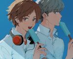  2boys blue_background brown_eyes brown_hair collared_shirt food grey_eyes grey_hair hanamura_yousuke headphones headphones_around_neck holding looking_at_another looking_at_viewer male_focus multiple_boys narukami_yuu open_mouth persona persona_4 popsicle shirt short_sleeves simple_background sweat tongue upper_body white_shirt yuni_(w067h1) 