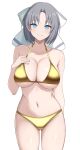  1girl armpit_crease ass_visible_through_thighs bare_shoulders bikini blue_eyes blush bow breasts cleavage closed_mouth collarbone cowboy_shot gold_bikini grey_hair groin hair_bow hand_on_own_chest highres large_breasts looking_at_viewer micro_bikini navel senran_kagura senran_kagura_shinovi_versus shiny_clothes shiny_skin shiny_swimsuit short_hair simple_background smile solo standing surippa1010 swimsuit thighs white_background white_bow yumi_(senran_kagura) 