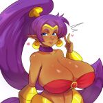  &lt;3 blue_eyes breasts brown_body brown_skin cleavage clothed clothing ear_piercing ear_ring female genie gesture hair humanoid humanoid_pointy_ears long_hair not_furry piercing pinkkoffin ponytail purple_hair ring_piercing shantae shantae_(series) signature simple_background smile solo v_sign wayforward white_background 