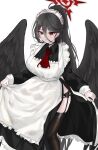 1girl alternate_costume apron black_choker black_dress black_hair black_thighhighs black_wings blue_archive breasts choker closed_mouth collared_dress cropped_legs dragonchicken02 dress enmaided frilled_apron frilled_dress frills garter_belt hair_between_eyes halo hasumi_(blue_archive) highres large_breasts large_wings long_hair long_sleeves looking_at_viewer maid maid_apron maid_headdress mole mole_under_eye necktie ponytail red_eyes red_necktie side_slit simple_background skirt_hold smile solo thighhighs thighs very_long_hair white_apron white_background wings 