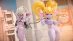  3d_(artwork) anthro bikini breast_size_difference breasts chain choker clothing digital_media_(artwork) duo female female/female hair hi_res jewelry league_of_legends necklace poppy_(lol) public public_nudity purple_body riot_games short_stack street swimwear teemoty tristana_(lol) white_hair yordle 