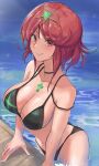  1girl absurdres bikini black_bikini breasts calmgreentori cleavage closed_mouth commentary cross english_commentary headpiece highres large_breasts looking_at_viewer pyra_(xenoblade) red_eyes red_hair short_hair smile solo swept_bangs swimsuit wading xenoblade_chronicles_(series) xenoblade_chronicles_2 