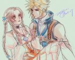  1boy 1girl aerith_gainsborough aqua_ribbon black_choker blonde_hair blue_eyes blue_vest braid braided_ponytail breasts brown_gloves brown_hair carrying choker closed_mouth cloud_strife cosplay crystal dress final_fantasy final_fantasy_ix final_fantasy_vii final_fantasy_vii_ever_crisis final_fantasy_vii_remake frilled_dress frills garnet_til_alexandros_xvii garnet_til_alexandros_xvii_(cosplay) gloves green_eyes hair_ribbon jewelry juliet_sleeves long_dress long_hair long_sleeves looking_back medium_breasts official_alternate_costume orange_dress parted_bangs parted_lips pendant princess_carry puffy_sleeves ribbon shirt short_hair sidelocks single_braid sketch sleeveless sleeveless_turtleneck smile spiked_hair turtleneck twitter_username upper_body vest wakakusa-e wavy_hair white_shirt zidane_tribal zidane_tribal_(cosplay) 