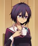  1girl black_hair black_necktie black_sweater breasts chair close-up commentary cup dress_shirt drinking english_commentary frown hair_between_eyes hair_ornament highres holding holding_cup ikari_shinji indoors light_frown long_sleeves looking_ahead marvel medium_breasts meme mug necktie neon_genesis_evangelion on_chair parody peni_parker purple_eyes scene_reference school_uniform scrapy shinji_holding_a_mug_(meme) shirt short_hair solo spider-man:_across_the_spider-verse spider-man_(series) sweater upper_body v-shaped_eyebrows white_shirt x_hair_ornament 