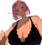  1girl blush breasts cleavage dark-skinned_female dark_skin earrings english_text jewelry large_breasts looking_at_viewer ohasi original pink_(ohasi) pink_hair short_hair simple_background solo sweat underwear white_background 