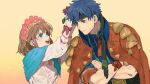  1boy 1girl 91007 :d artist_name black_headband blue_eyes blue_hair brown_hair closed_mouth commentary crossed_arms fire_emblem fire_emblem:_path_of_radiance flower gradient_background hair_tubes head_wreath headband highres ike_(fire_emblem) mist_(fire_emblem) pink_flower pink_rose rose short_hair simple_background smile symbol-only_commentary tassel teeth twitter_username upper_teeth_only yellow_background 