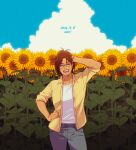  1other aquiline_nose blue_sky brown_hair closed_eyes cloud commentary contrapposto cowboy_shot dated denim english_commentary field flower flower_field grey_pants hand_in_own_hair hange_zoe hanpetos jeans open_mouth other_focus pants shingeki_no_kyojin shirt sky sleeves_rolled_up smile solo sunflower yellow_shirt 