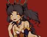  1girl black_ribbon breasts cleavage detached_collar detached_sleeves earrings eyelashes fate/grand_order fate_(series) gold_earrings hoop_earrings ishtar_(fate) jewelry kohakumaru long_hair medium_breasts red_background ribbon simple_background single_detached_sleeve solo twintails upper_body yellow_eyes 