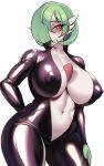 1girl arm_behind_back black_bodysuit blush bob_cut bodysuit breasts bright_pupils center_opening closed_mouth collarbone colored_skin commentary covered_nipples cowboy_shot english_commentary gardevoir green_hair green_skin hair_over_one_eye half-closed_eyes hand_on_own_thigh happy highres huge_breasts long_sleeves looking_at_viewer multicolored_skin navel one_eye_covered open_bodysuit open_clothes pokemon pokemon_(creature) red_eyes shiny_clothes short_hair simple_background smile solo standing stomach thick_thighs thighs two-tone_skin white_background white_pupils white_skin wide_hips zwei_(saedelaere) 