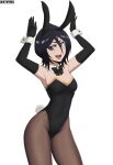  1girl absurdres animal_ears armpits arms_up artist_name black_bow black_gloves black_hair black_leotard bleach bow bow_choker breasts cleavage covered_navel cowboy_shot elbow_gloves fake_animal_ears fake_tail gloves hair_between_eyes highres kuchiki_rukia leotard long_bangs looking_at_viewer mistowing open_mouth pantyhose playboy_bunny purple_eyes rabbit_ears rabbit_pose rabbit_tail short_hair small_breasts solo tail teeth upper_teeth_only white_background wrist_cuffs 