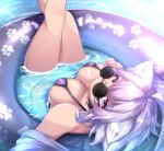  1girl :3 ahoge animal_ears bikini black_choker breasts cat_ears cat_girl choker closed_mouth commentary_request covered_nipples double-parted_bangs from_above hololive large_breasts looking_at_viewer medium_hair messy_hair micro_bikini nekomata_okayu on_innertube purple_eyes purple_hair round_eyewear smile solo sunglasses swimsuit thighs virtual_youtuber zuo_wei_er 