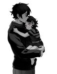  1boy 1girl :3 andrew_graves ashley_graves black_hair black_sweater carrying child green_eyes highres official_alternate_costume pink_eyes renico shorts smile smug sweater the_coffin_of_andy_and_leyley white_background 
