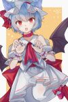 absurdres animal_ears bat_wings blue_nails bow cat_ears choker commentary fang footwear_bow grey_hair hat hat_ribbon highres katsukare looking_at_viewer mob_cap open_mouth orange_background paw_print red_bow red_choker red_eyes red_ribbon remilia_scarlet ribbon shirt short_sleeves skin_fang skirt thighhighs touhou white_headwear white_shirt white_skirt white_thighhighs wings wrist_cuffs 
