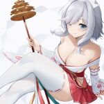  1girl azur_lane bell blue_eyes breasts cleavage closed_mouth crossed_legs grey_hair highres hip_vent holding jingle_bell kafeifeifeifeifeifei_jiemo_jun large_breasts long_sleeves looking_at_viewer luna_(punishing:_gray_raven) no_panties nontraditional_miko red_skirt ribbon-trimmed_legwear ribbon_trim short_hair_with_long_locks sidelocks sitting skirt smile solo thighhighs white_thighhighs wide_sleeves 